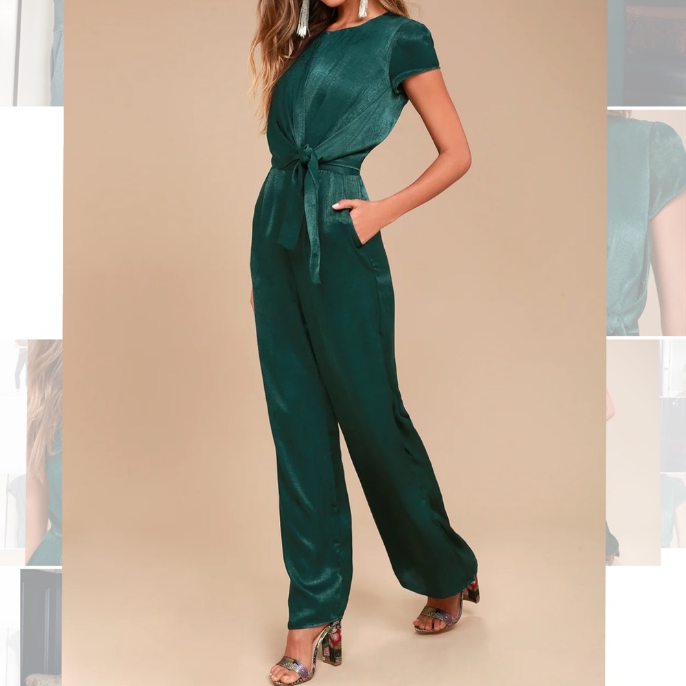Lulu’s Let Me Entertain You Forest Green Satin Wide-Leg Jumpsuit- Size Medium
